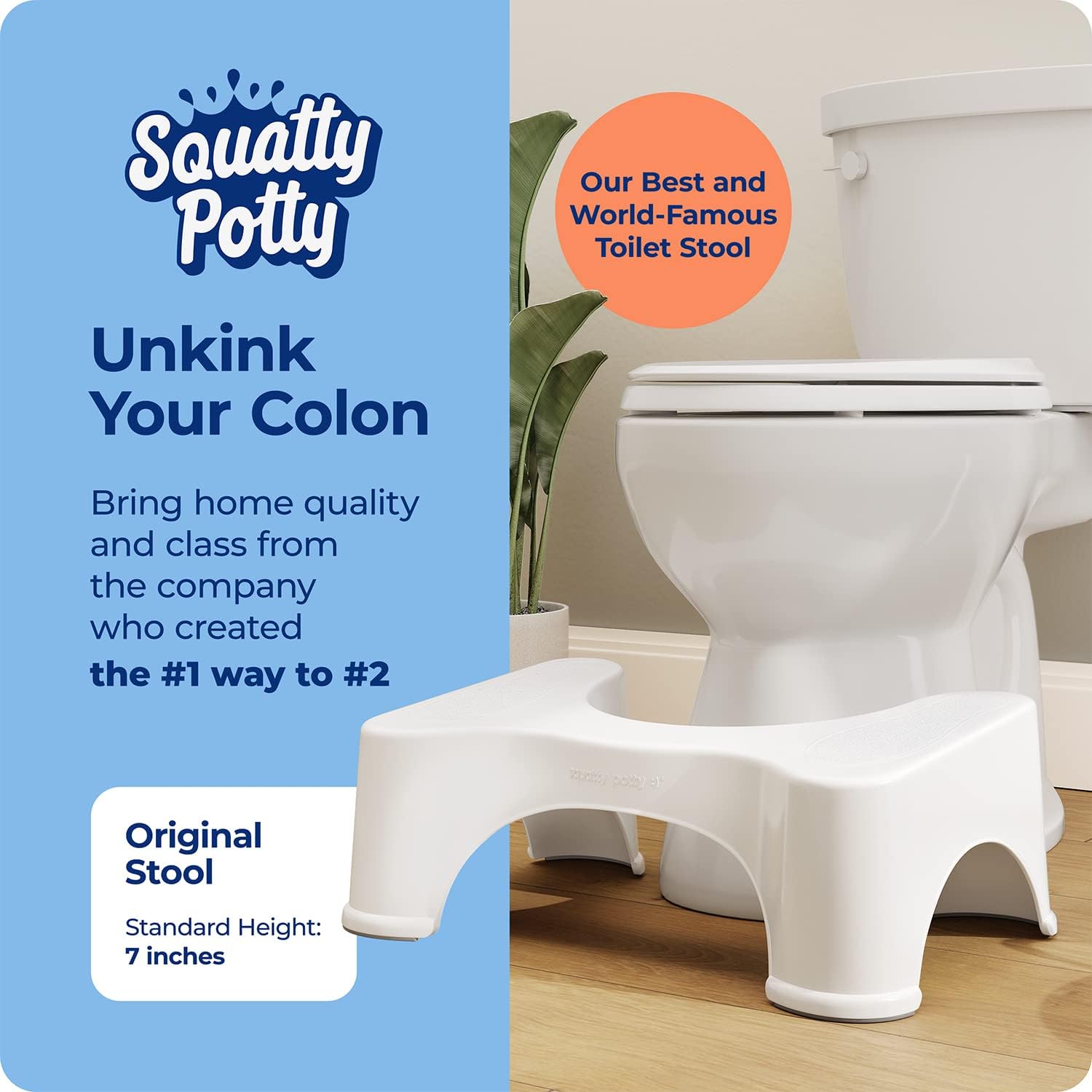 Bílá ergonomická stolička Squatty Potty u záchodu